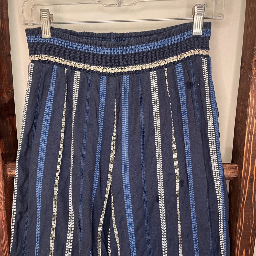 Michael Stars Womens Navy Blue Embroidered Cotton Wide Leg Smocked Pants S Boho - Picture 8 of 10